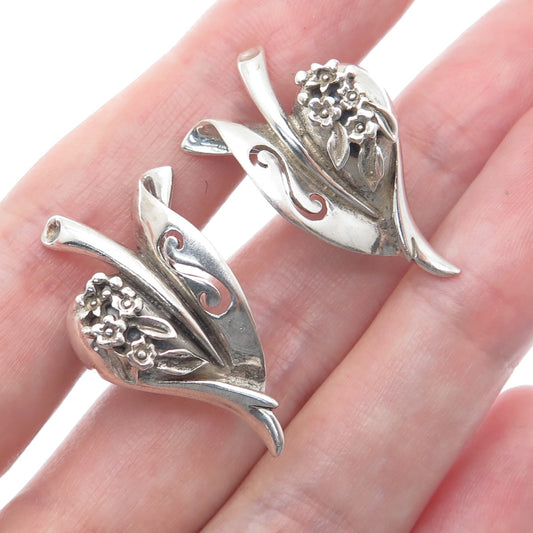 925 Sterling Silver Vintage Modernist Flower Heart Screw Back Earrings