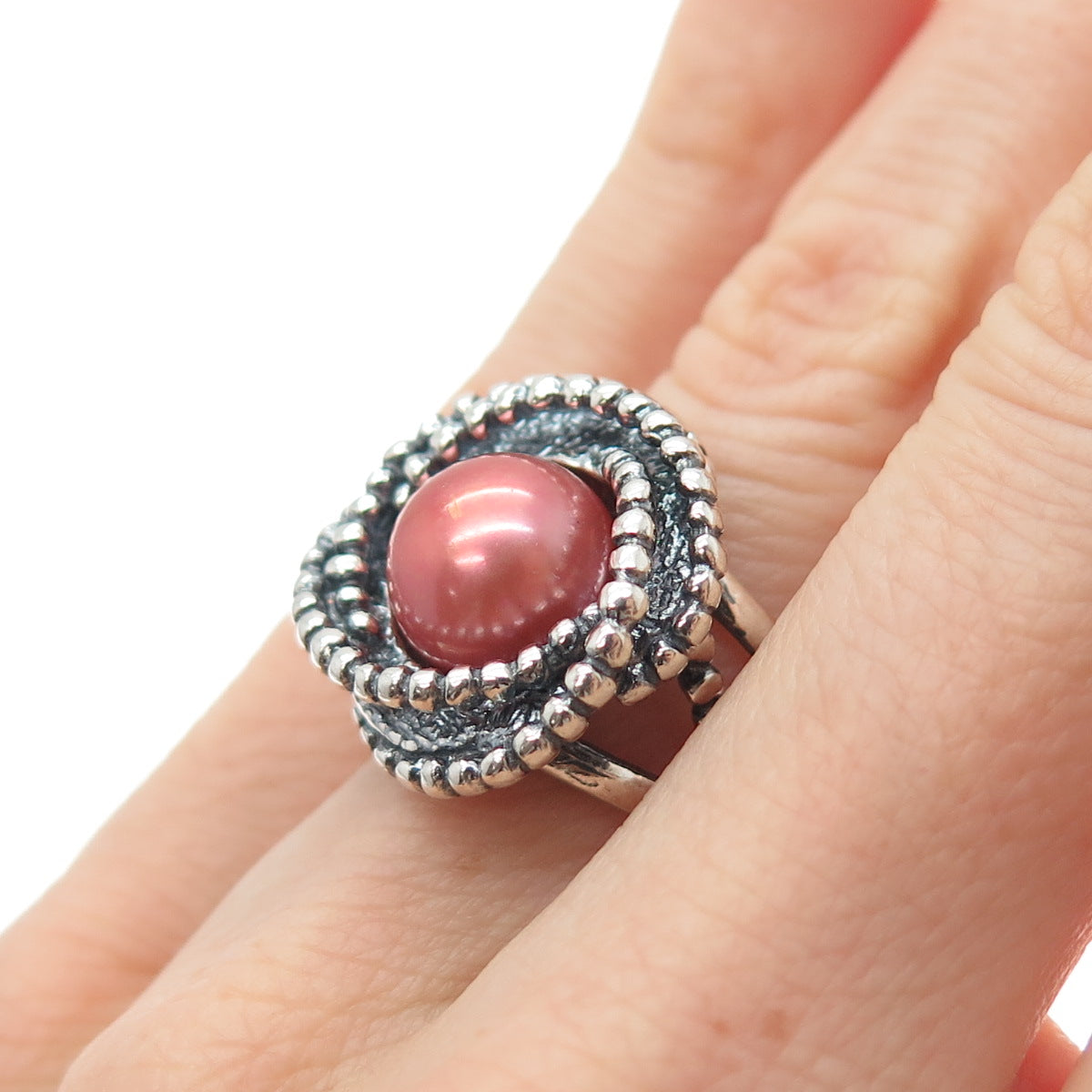 DIDAE 925 Sterling Silver Vintage Israel Real Pearl Twisted Oxidized Ring Size 5