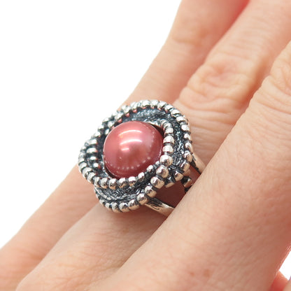 DIDAE 925 Sterling Silver Vintage Israel Real Pearl Twisted Oxidized Ring Size 5