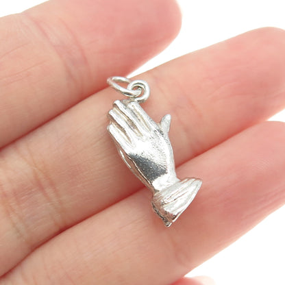 925 Sterling Silver Vintage Hands In Prayer 3D Charm Pendant