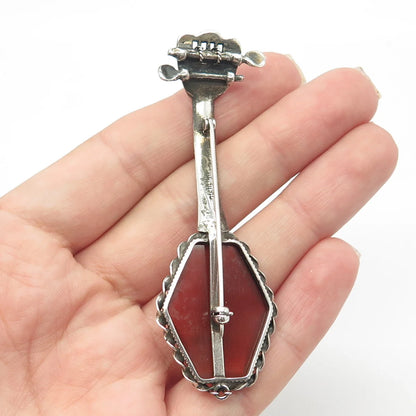 925 Sterling Silver Vintage Real Carnelian Banjo Musical Instrument Pin Brooch