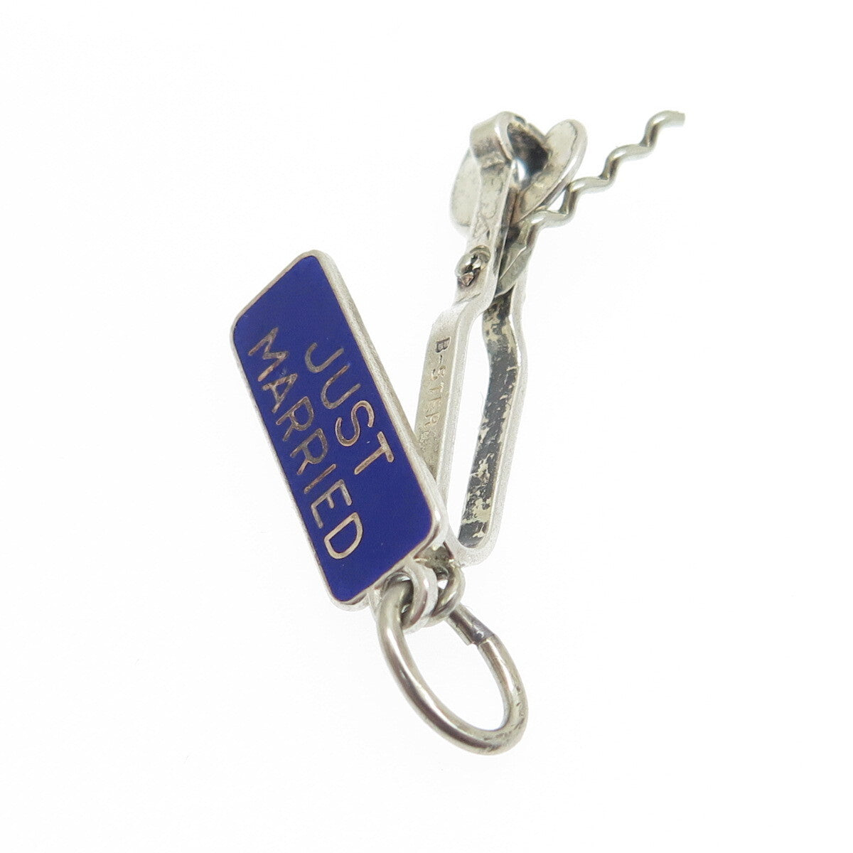 BEAU 925 Sterling Silver Antique Enamel "Just Married" Bottle Opener Pendant