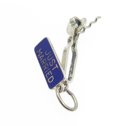 BEAU 925 Sterling Silver Antique Enamel "Just Married" Bottle Opener Pendant