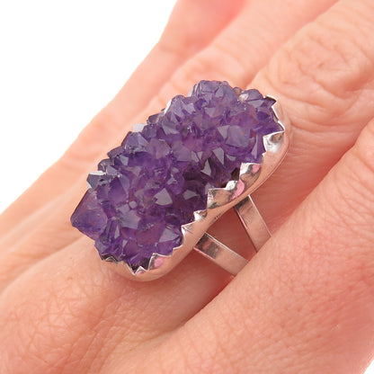 925 Sterling Silver Vintage Real Amethyst Modernist Oxidized Ring Size 8.5