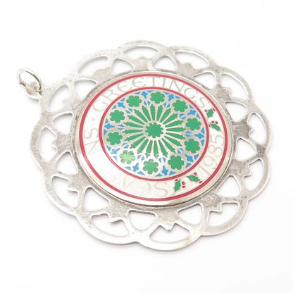 925 Sterling Silver Vintage Lunt Enamel Season Greetings 1985 Frame Pendant