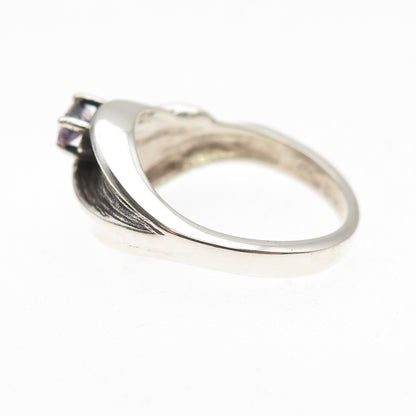 925 Sterling Vintage Marquise-Cut Purple C Z Modernist Oxidized Ring Size 6