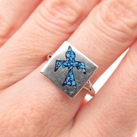 Old Pawn 925 Sterling Silver Vintage Turquoise Inlay Thunderbird Ring Size 7.5