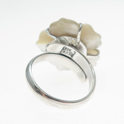 RIDER 950 Silver Vintage Real Carved MOP Flower Adjustable Ring Size 8.5