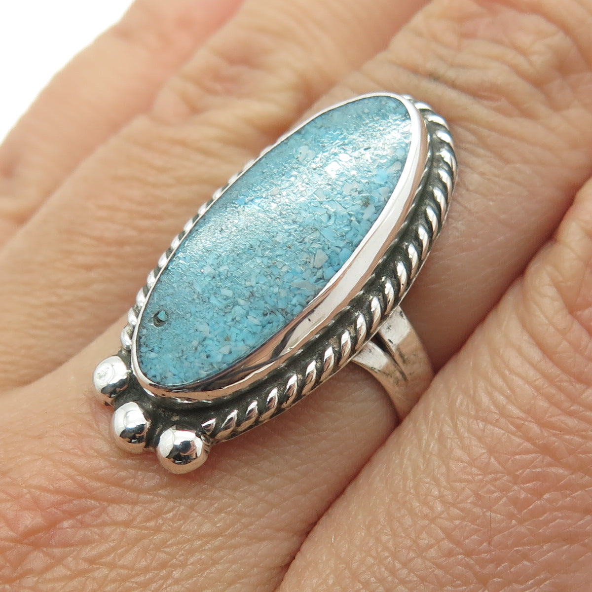 Old Pawn 925 Sterling Silver Vintage Southwestern Turquoise Inlay Ring Size 7.75