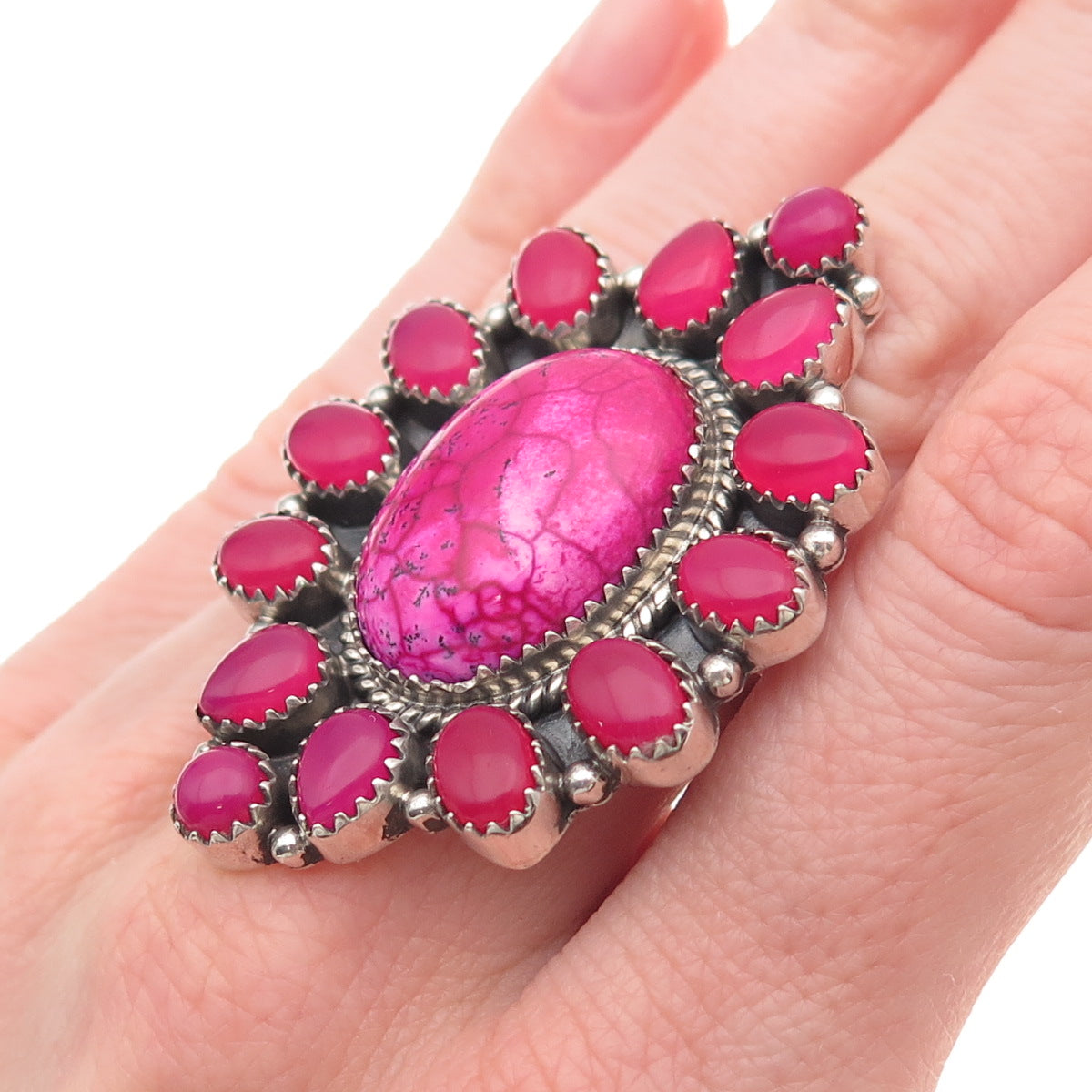 925 Sterling Vintage Pink Turquoise & Onyx Statement Adjustable Ring Size 8.75