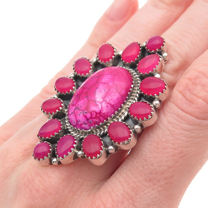 925 Sterling Vintage Pink Turquoise & Onyx Statement Adjustable Ring Size 8.75