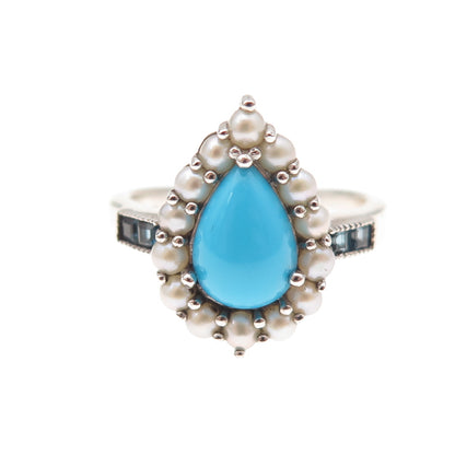 925 Sterling Silver Real Turquoise Pearl & London Blue Topaz Ring Size 8