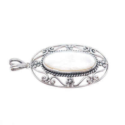 CFJ Collins Fine 925 Sterling Silver Vintage Real MOP Flower Oxidized Pendant