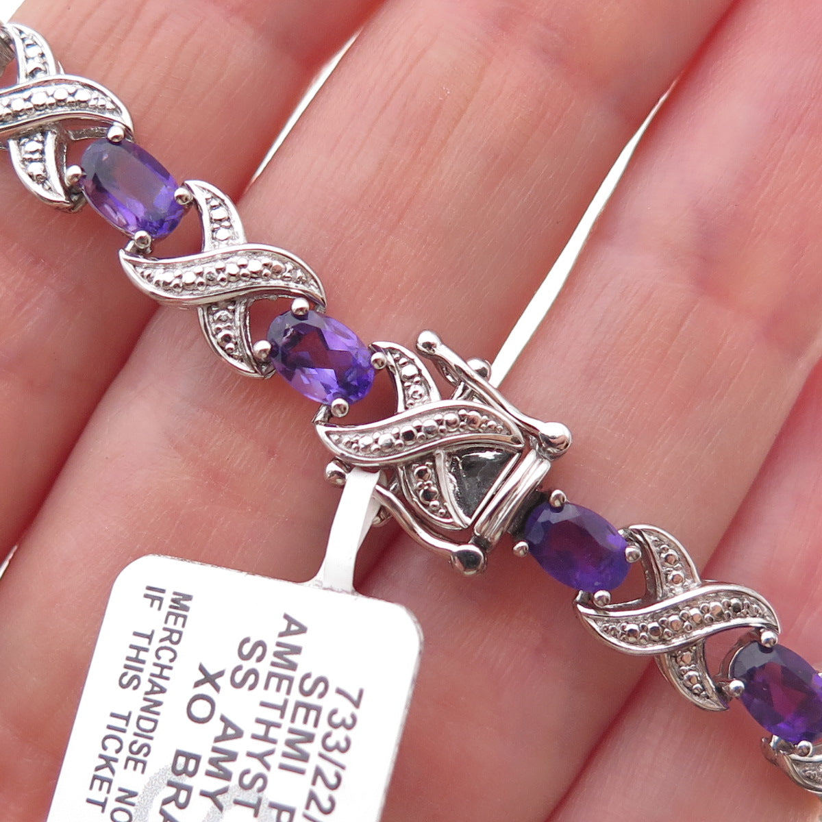 925 Sterling Silver Real Diamond & Amethyst Infinity Link Bracelet 7.25"