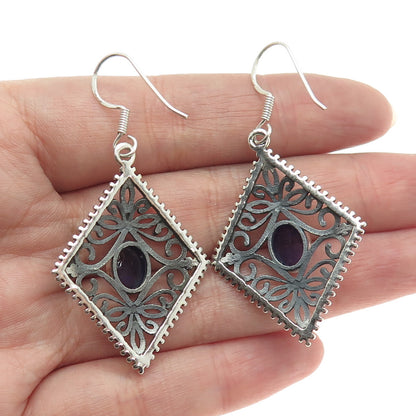925 Sterling Silver Vintage Real Amethyst Flower Oxidized Dangle Earrings