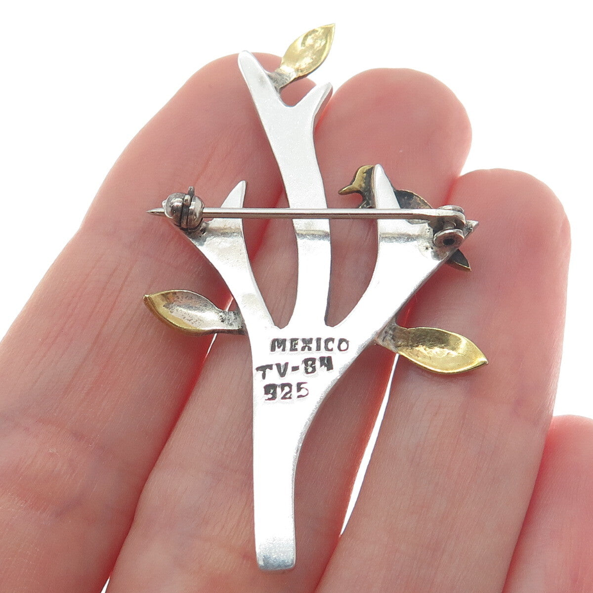 925 Sterling Silver 2-Tone Vintage Mexico Bird on the Tree Pin Brooch