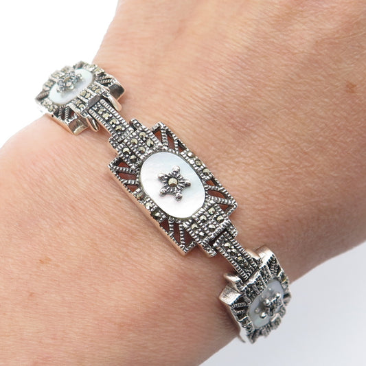925 Sterling Silver Vintage Real MOP & Marcasite Star Oxidized Panel Bracelet 7"