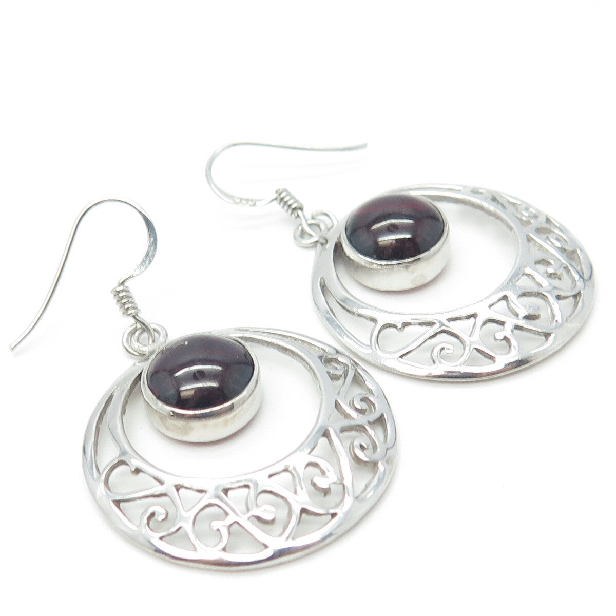 925 Sterling Silver Vintage Real Tourmaline Gemstone Ornate Hook Earrings