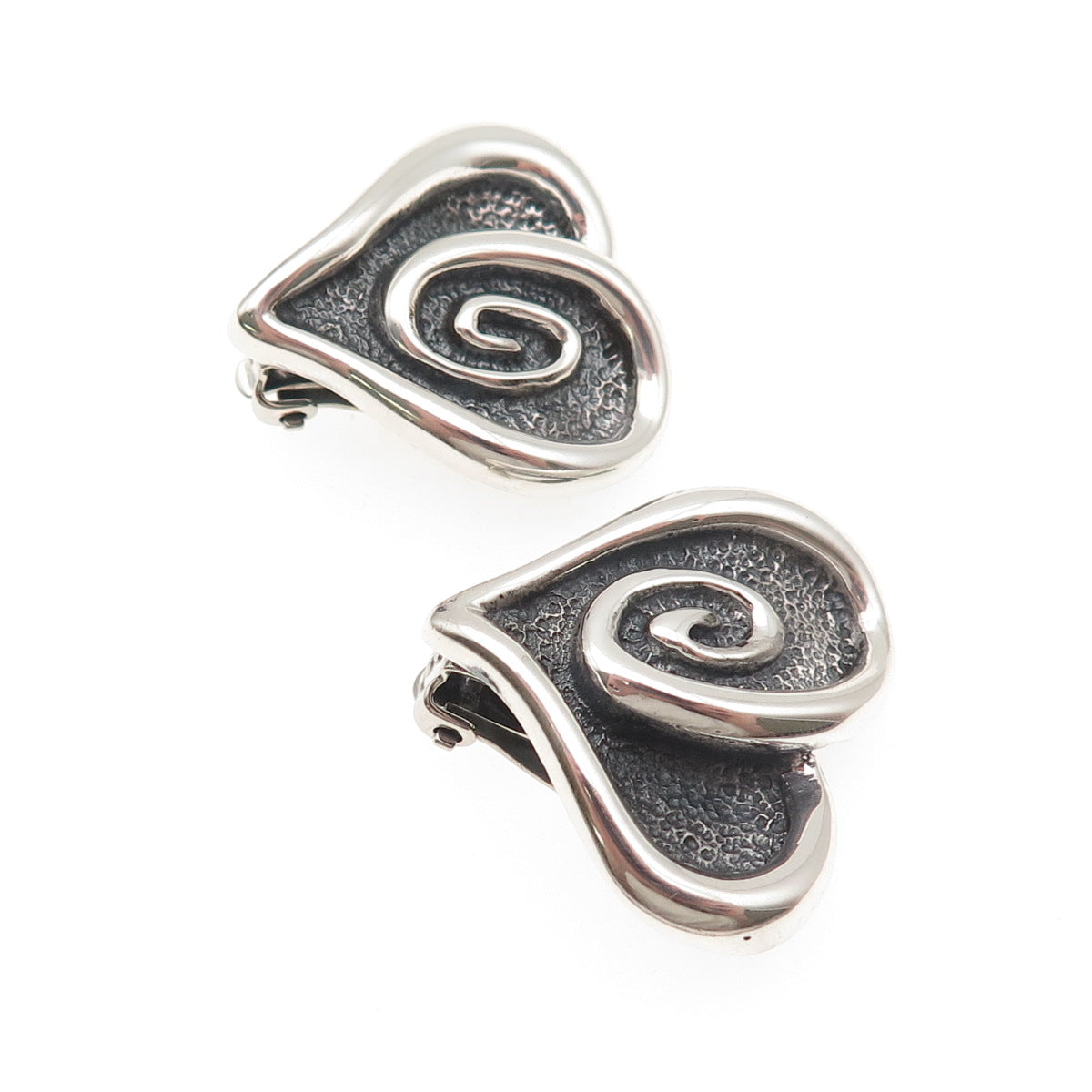 925 Sterling Silver Vintage Mexico Modernist Heart Oxidized Clip On Earrings