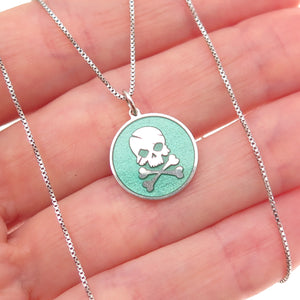 925 Sterling Silver Turquoise Enamel Skull & Crossbones Box Chain Necklace 18"