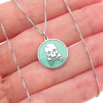 925 Sterling Silver Turquoise Enamel Skull & Crossbones Box Chain Necklace 18"