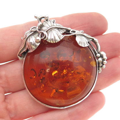 925 Sterling Silver Vintage Real Amber Modernist Floral Oxidized Pin Brooch