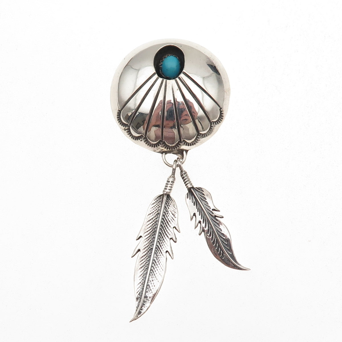 Old Pawn 925 Sterling Silver Vintage Turquoise Shadow Box Feather Slide Pendant