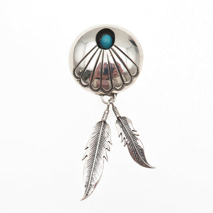 Old Pawn 925 Sterling Silver Vintage Turquoise Shadow Box Feather Slide Pendant