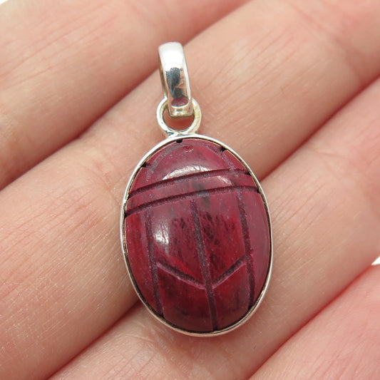 925 Sterling Silver Vintage Real Red Jasper Gemstone Scarab Pendant