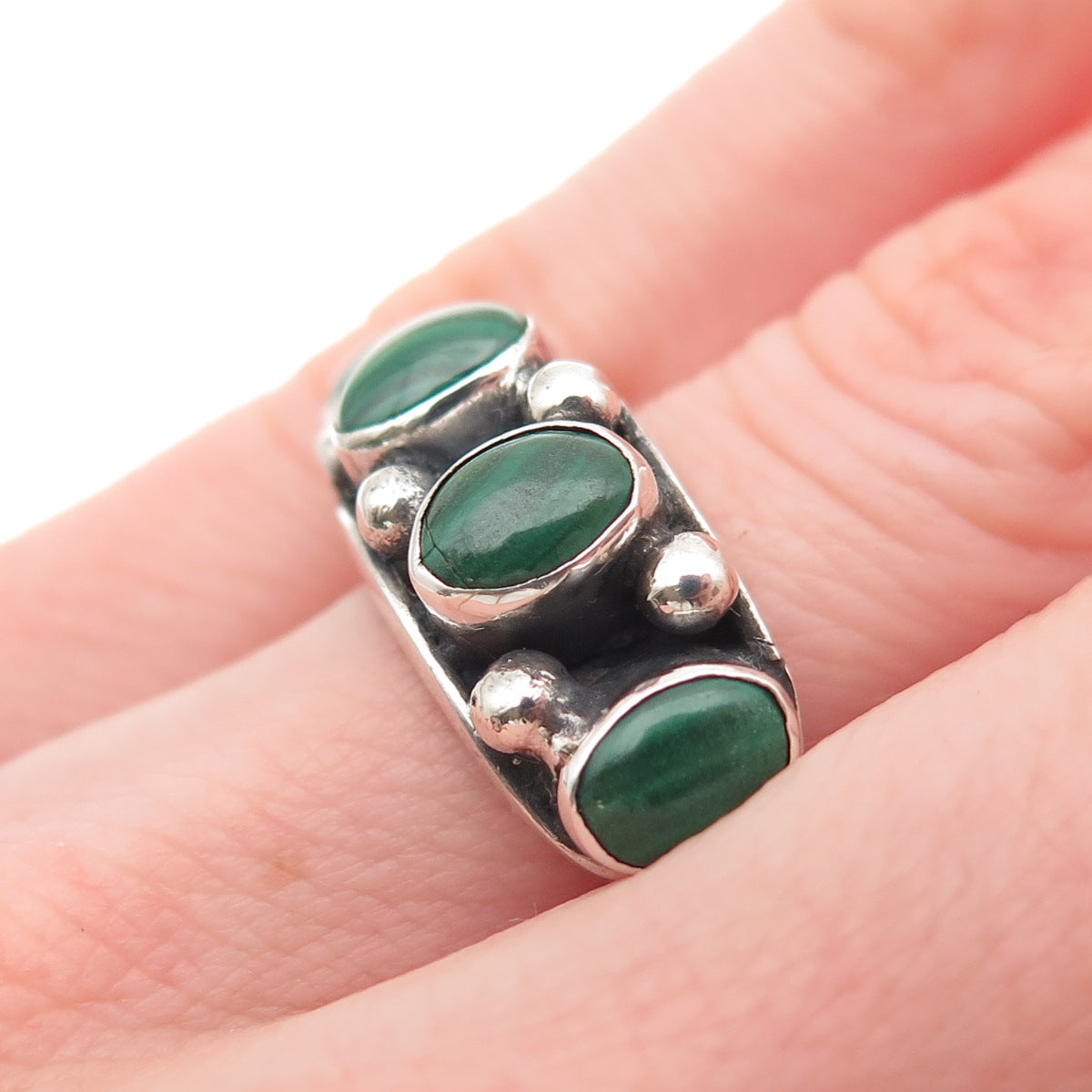 925 Sterling Silver Vintage Real Malachite Modernist Oxidized Ring Size 5.5