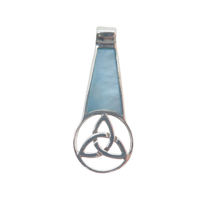 925 Sterling Silver Vintage Blue Mother-of-Pearl Triquetra Amulet Slide Pendant