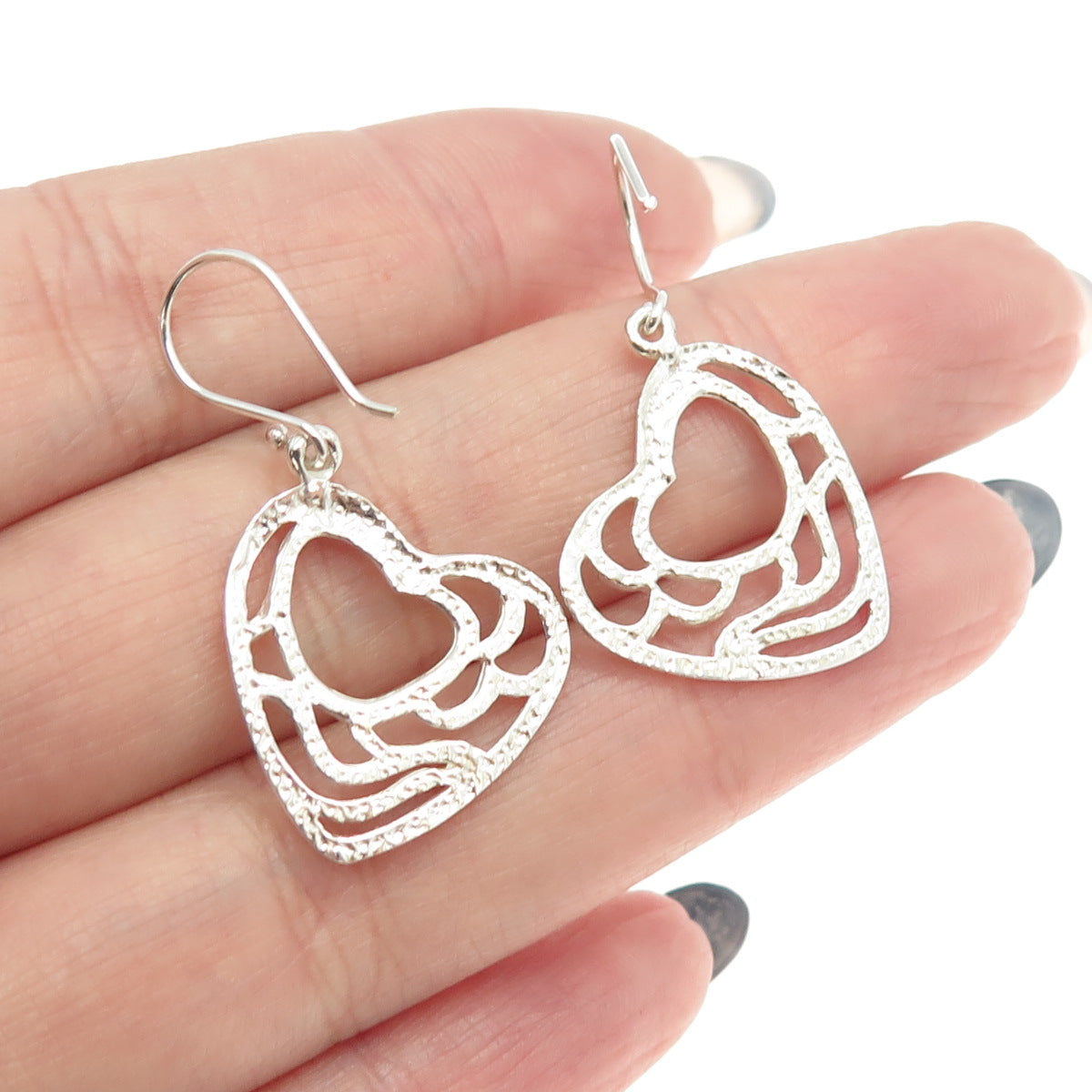 925 Sterling Silver Wavy Heart Dangling Earrings