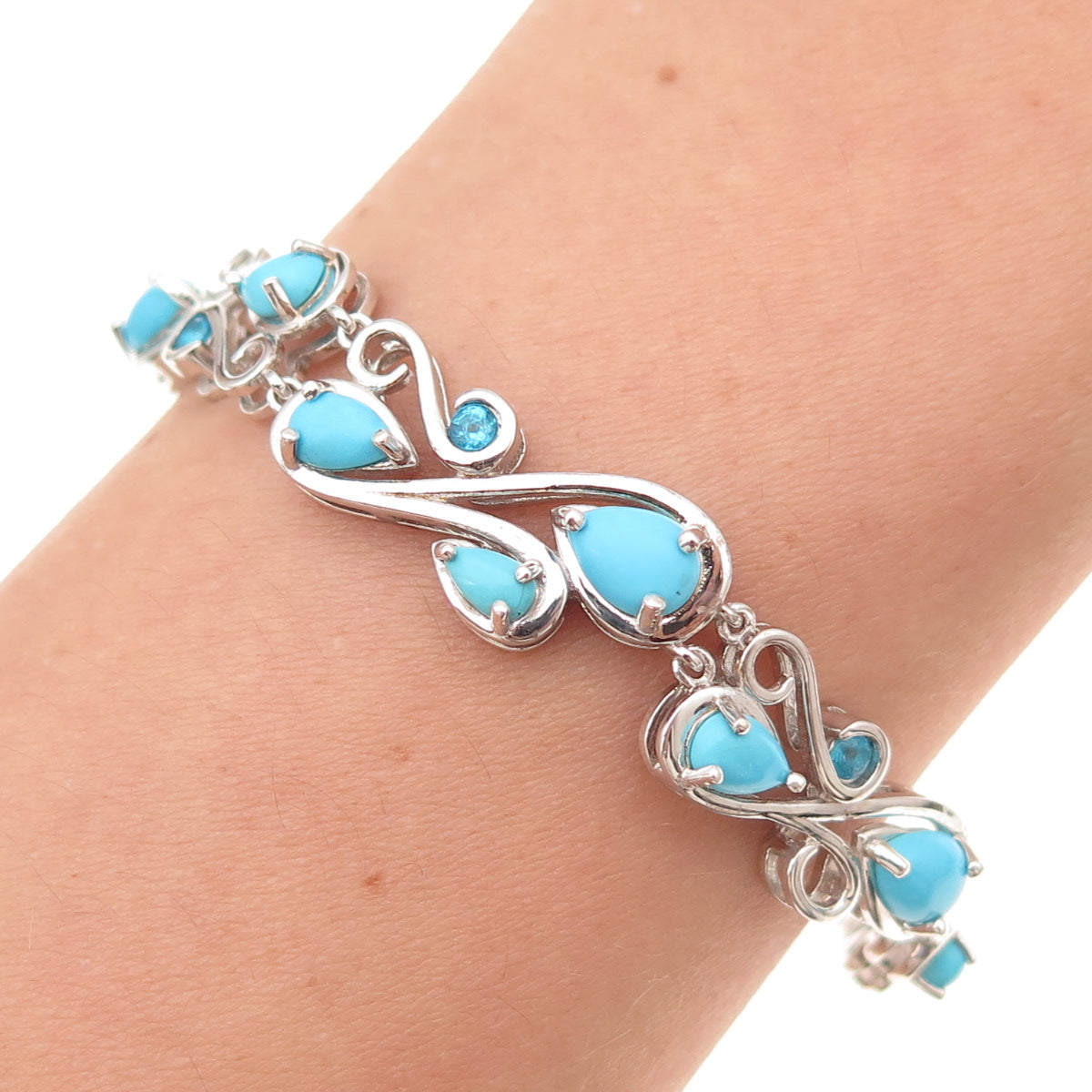 925 Sterling Silver Real Turquoise & Apatite Adjustable Box Link Bracelet 7-9"