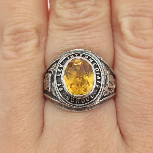 925 Sterling Silver Vintage '73 Citrine Fort Lee Intermediate School Ring Size 8