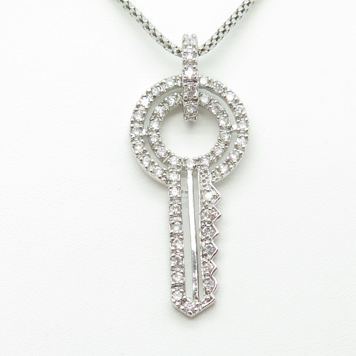 925 Sterling Silver Round-Cut C Z Key Flat Popcorn Chain Necklace 16"
