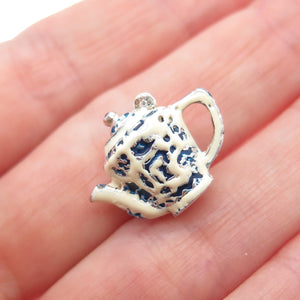 925 Sterling Silver Vintage Enamel Teapot Movable Minimalist 3D Charm Pendant