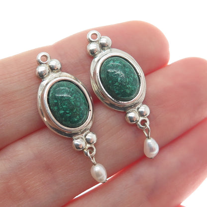 COLEMAN CO. Sterling Silver Vintage Real Malachite Inlay & Pearl Jacket Earrings