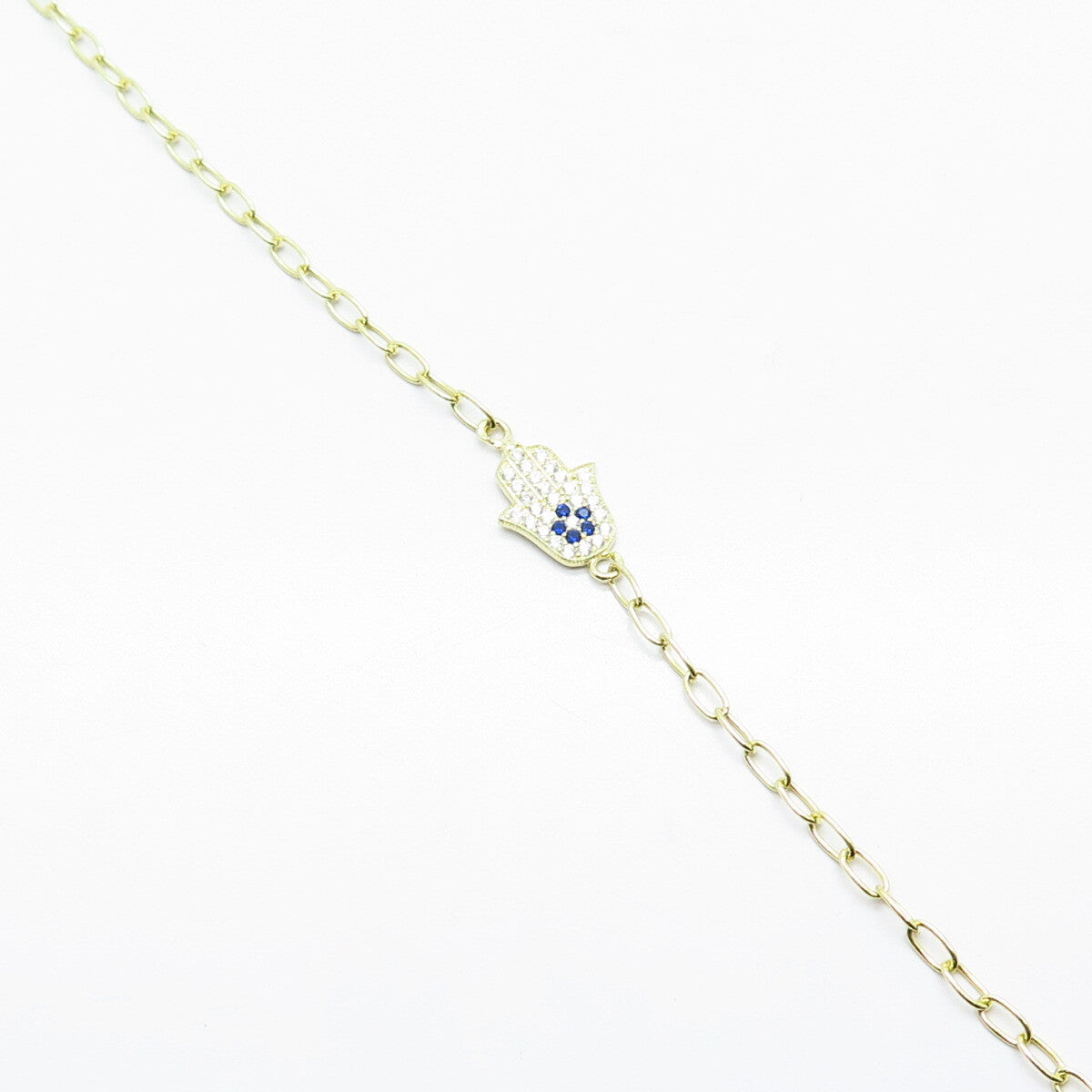 925 Sterling Silver Gold Plated C Z Hamsa Rolo Link Bracelet 7.75"
