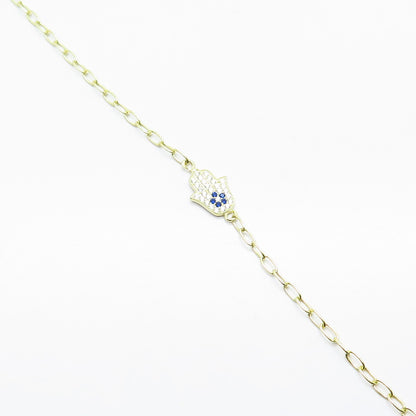 925 Sterling Silver Gold Plated C Z Hamsa Rolo Link Bracelet 7.75"