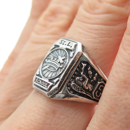 925 Sterling Silver Vintage 1953 Enamel St. Louis School Oxidized Ring Size 6.5