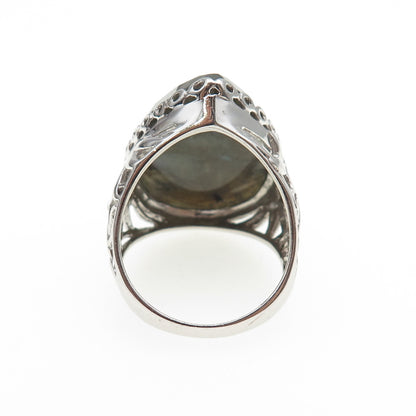925 Sterling Silver Real Labradorite Floral Teardrop Ring Size 8.25
