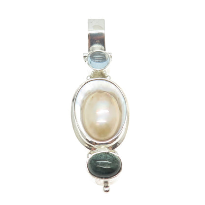 925 Sterling Silver Vintage Real Tourmaline Blue Topaz & MOP Modernist Pendant