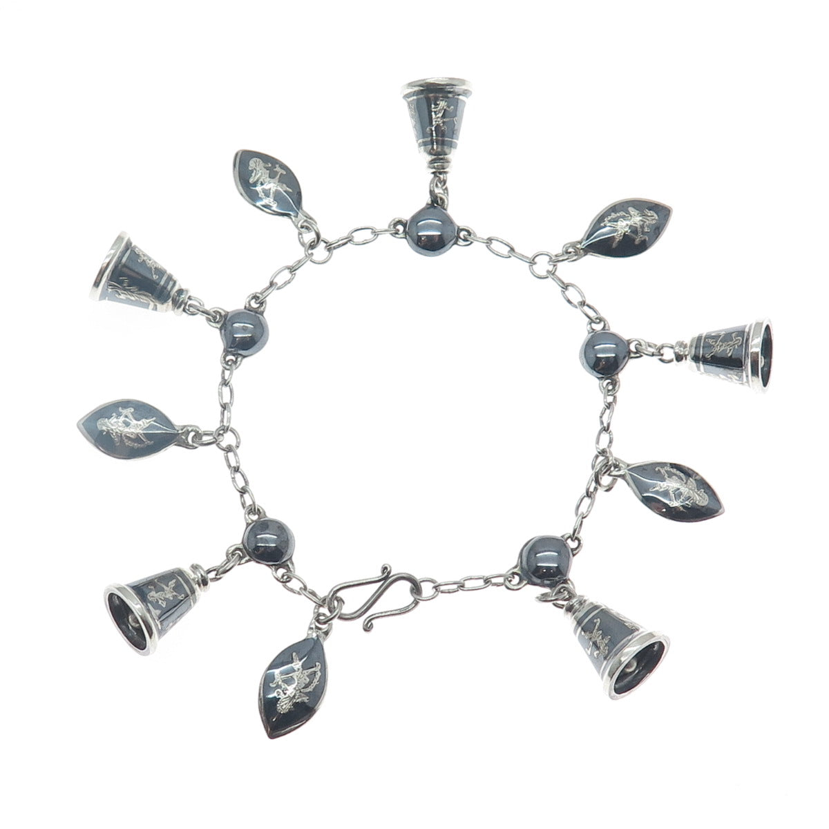 925 Sterling Silver Antique Siam Niello Hindu Goddess Bell Charm Bracelet 6.5"