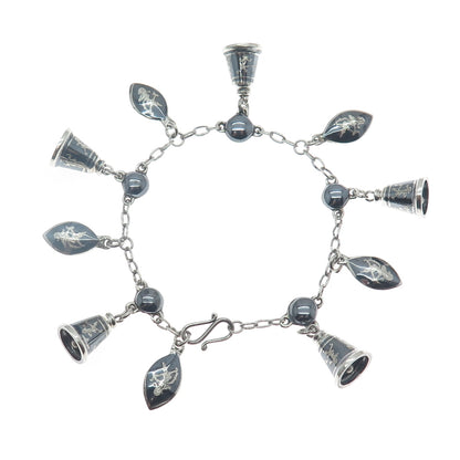 925 Sterling Silver Antique Siam Niello Hindu Goddess Bell Charm Bracelet 6.5"