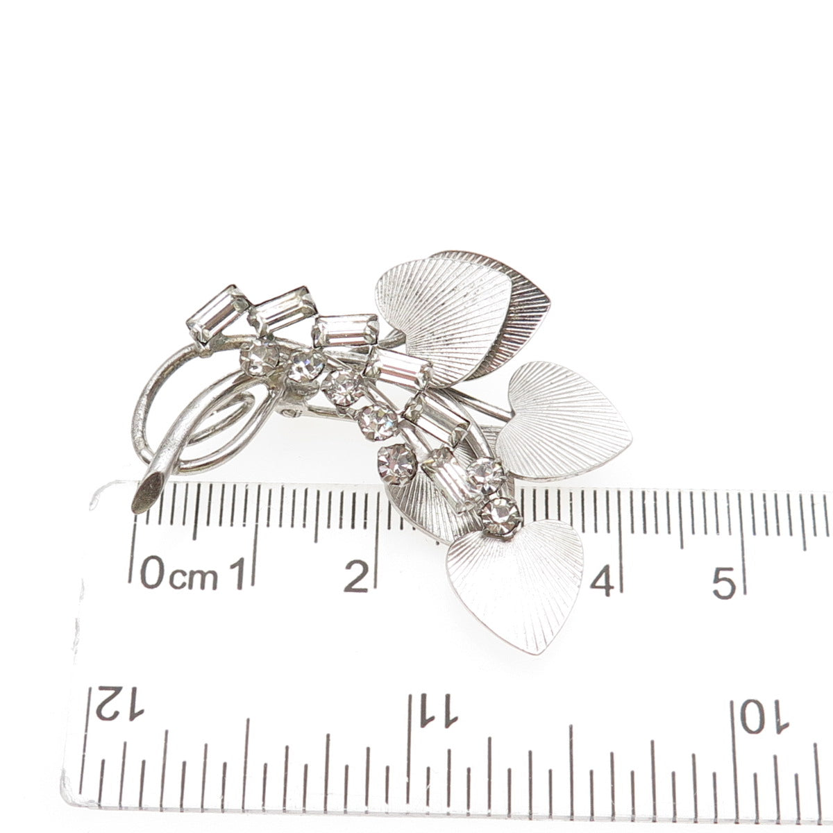 CARL ART 925 Sterling Silver Antique Art Deco Rhinestone Heart Floral Pin Brooch