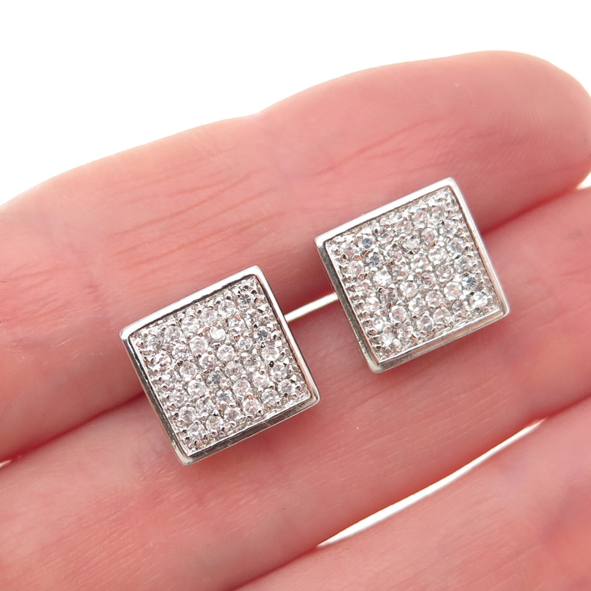 925 Sterling Silver Round-Cut C Z Sparkle Square Stud Earrings