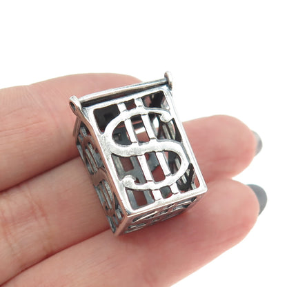 925 Sterling Silver Vintage Dollar Sign Box Locket 3D Pendant