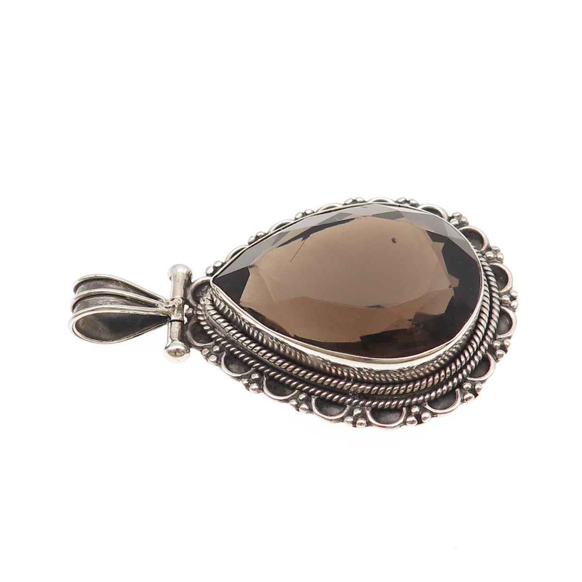 925 Sterling Silver Vintage Real Smoky Quartz Modernist Oxidized Pendant