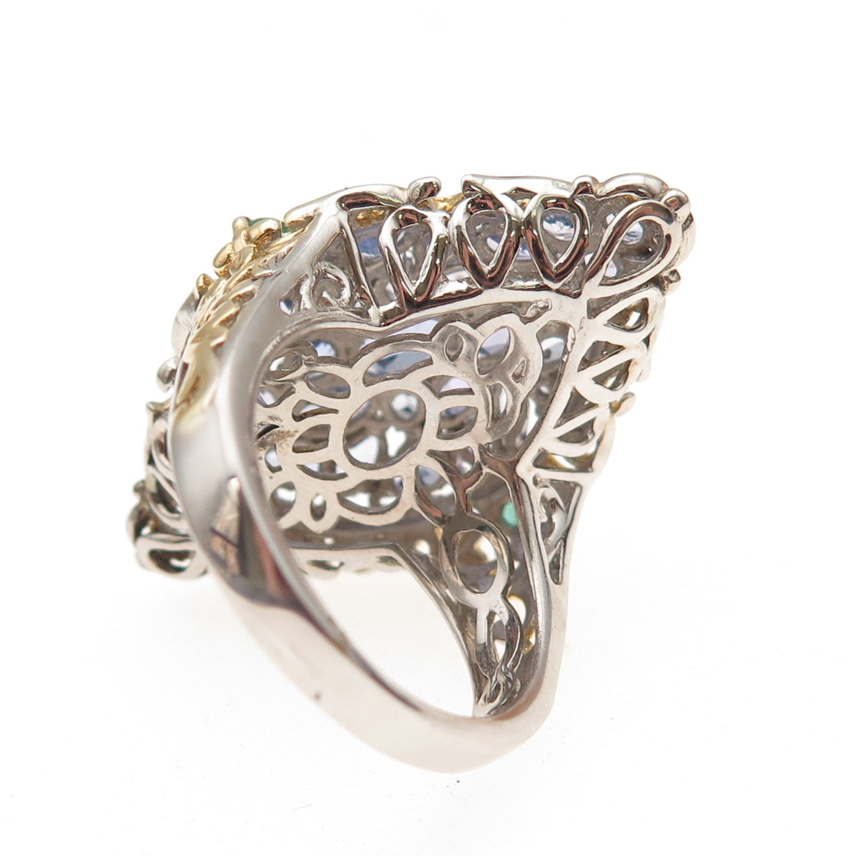 Chuck Clemency 925 Sterling Silver 2-Tone Real Tanzanite & Emerald Ring Size 8.5