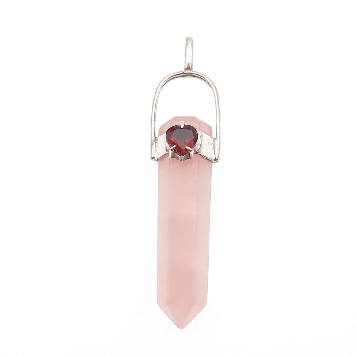 925 Sterling Silver Vintage Real Rose Quartz & Red Garnet Heart Amulet Pendant